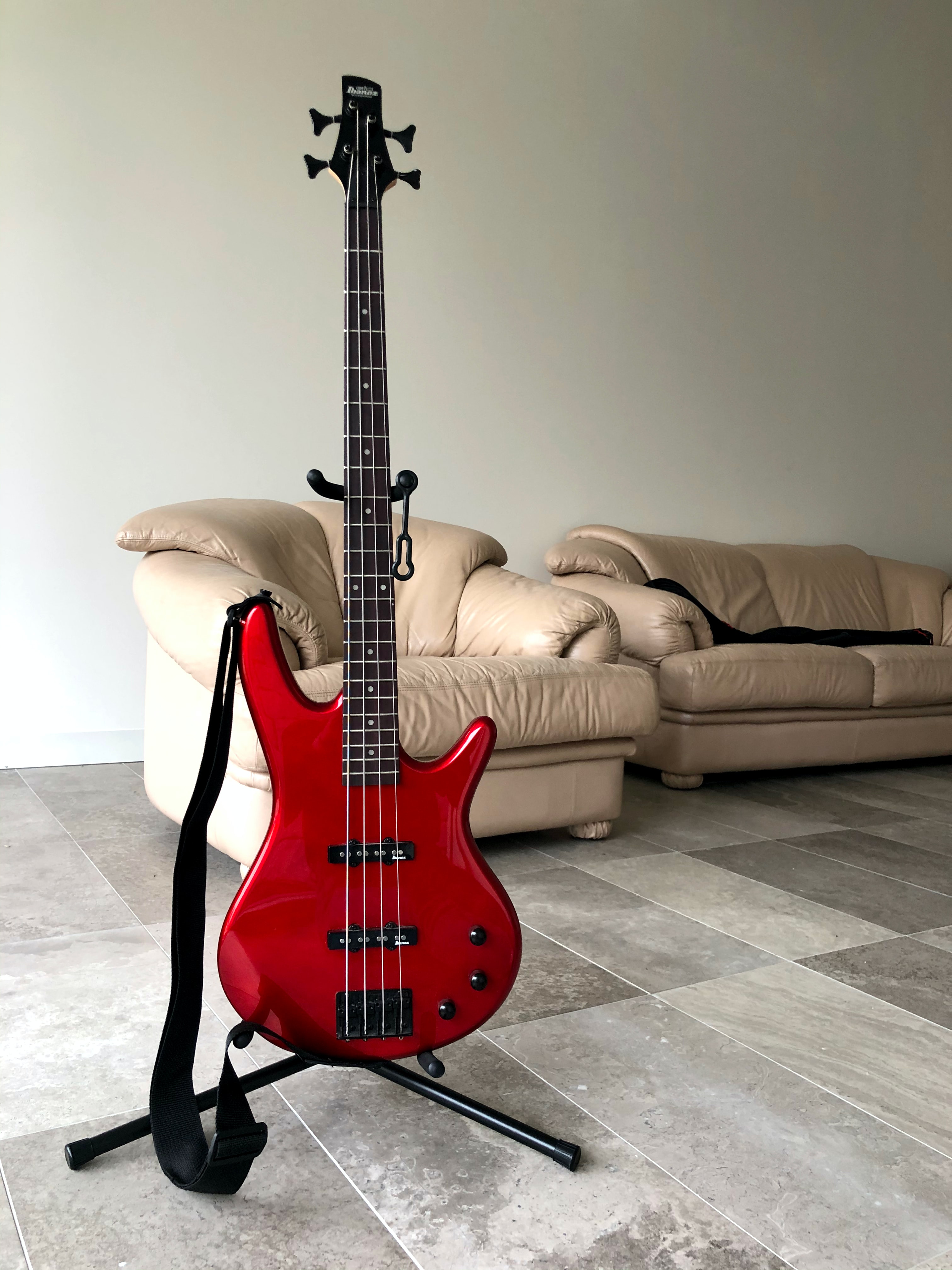 Red bass guitar